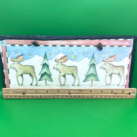 Rustic Moose Slate Wall Hanging Lodge Cabin Décor 12" Art Plaque Leather Strap - Picture 3 of 12